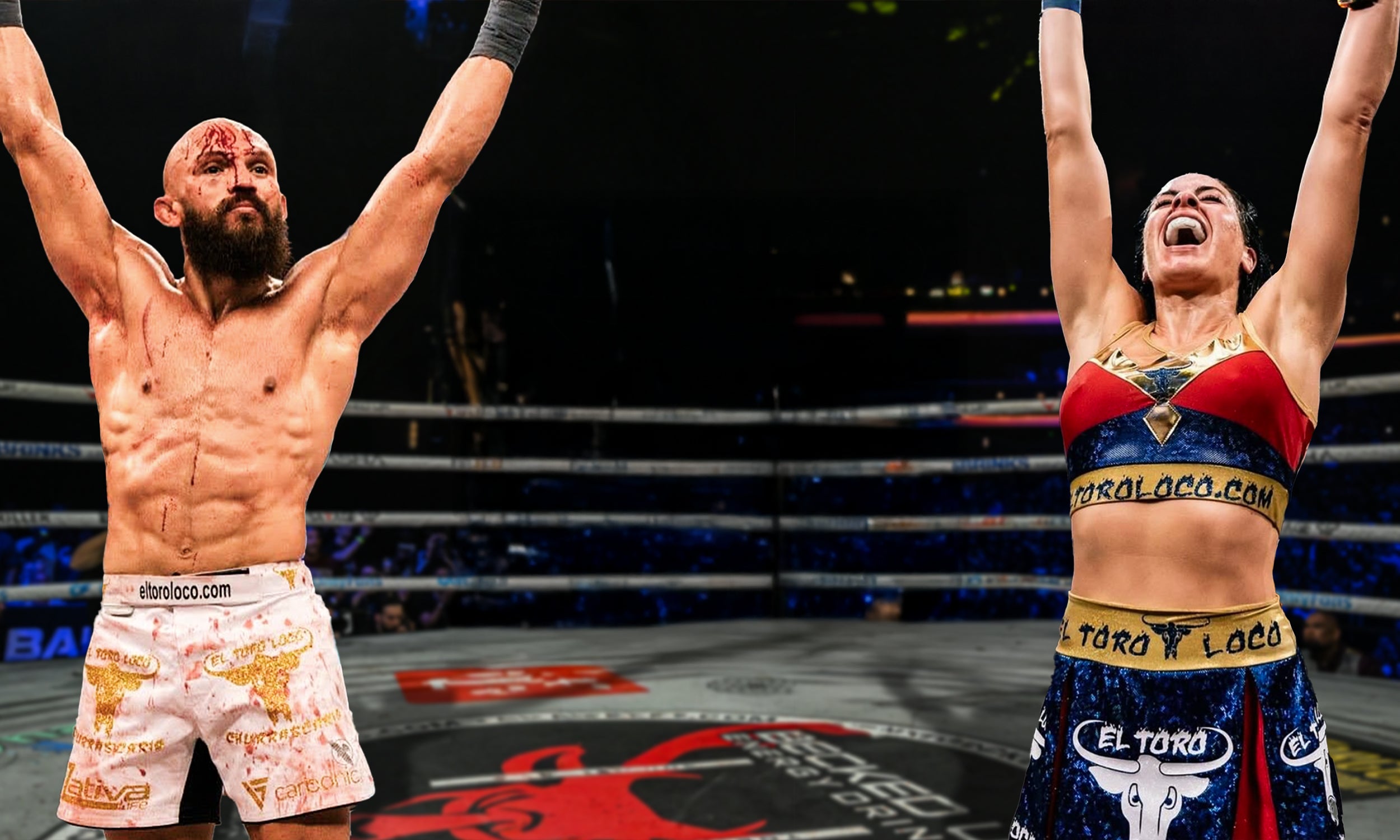 Banner with Christine Vicens and Edgard Plazaola celebrating with BKFC background