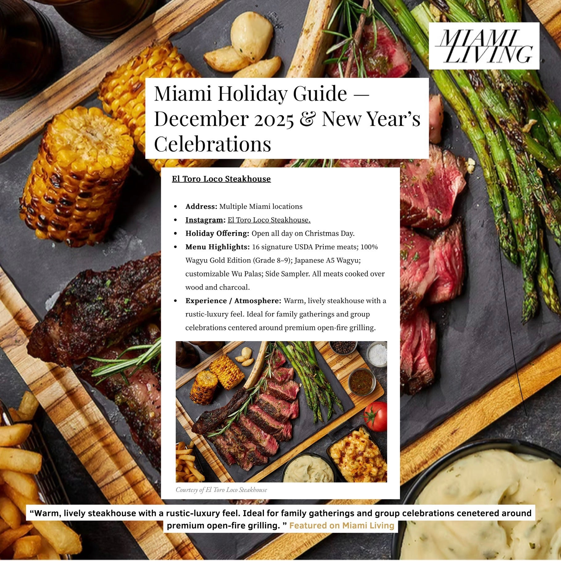 Promotional image for El Toro Loco Steakhouse with food items and Miami Living magazine cover.