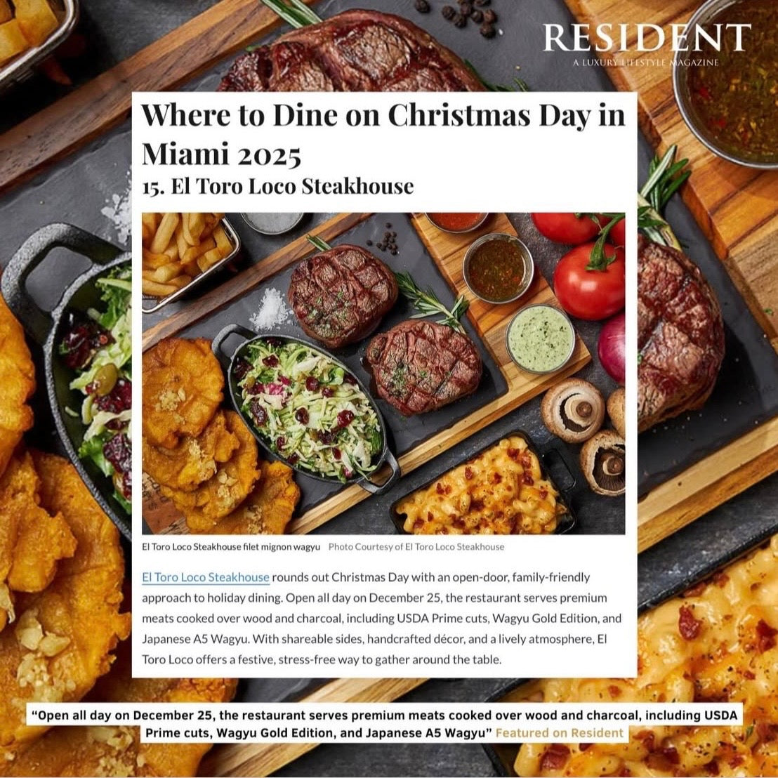 Advertisement for El Toro Loco Steakhouse on Christmas Day in Miami 2025, featuring steak and sides.