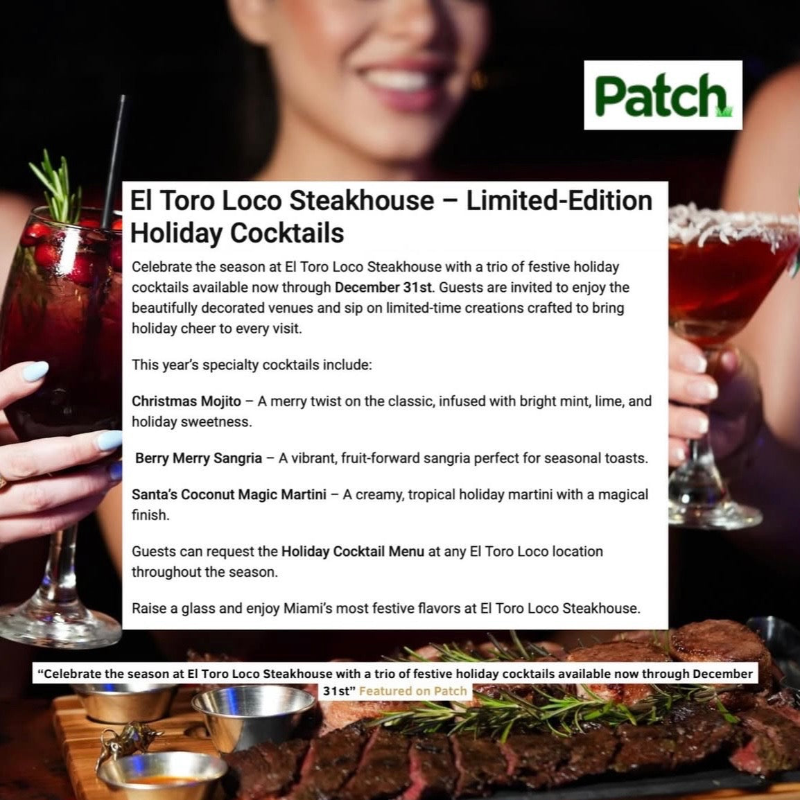 Advertisement for El Toro Loco Steakhouse limited-edition holiday cocktails with a woman holding a drink.