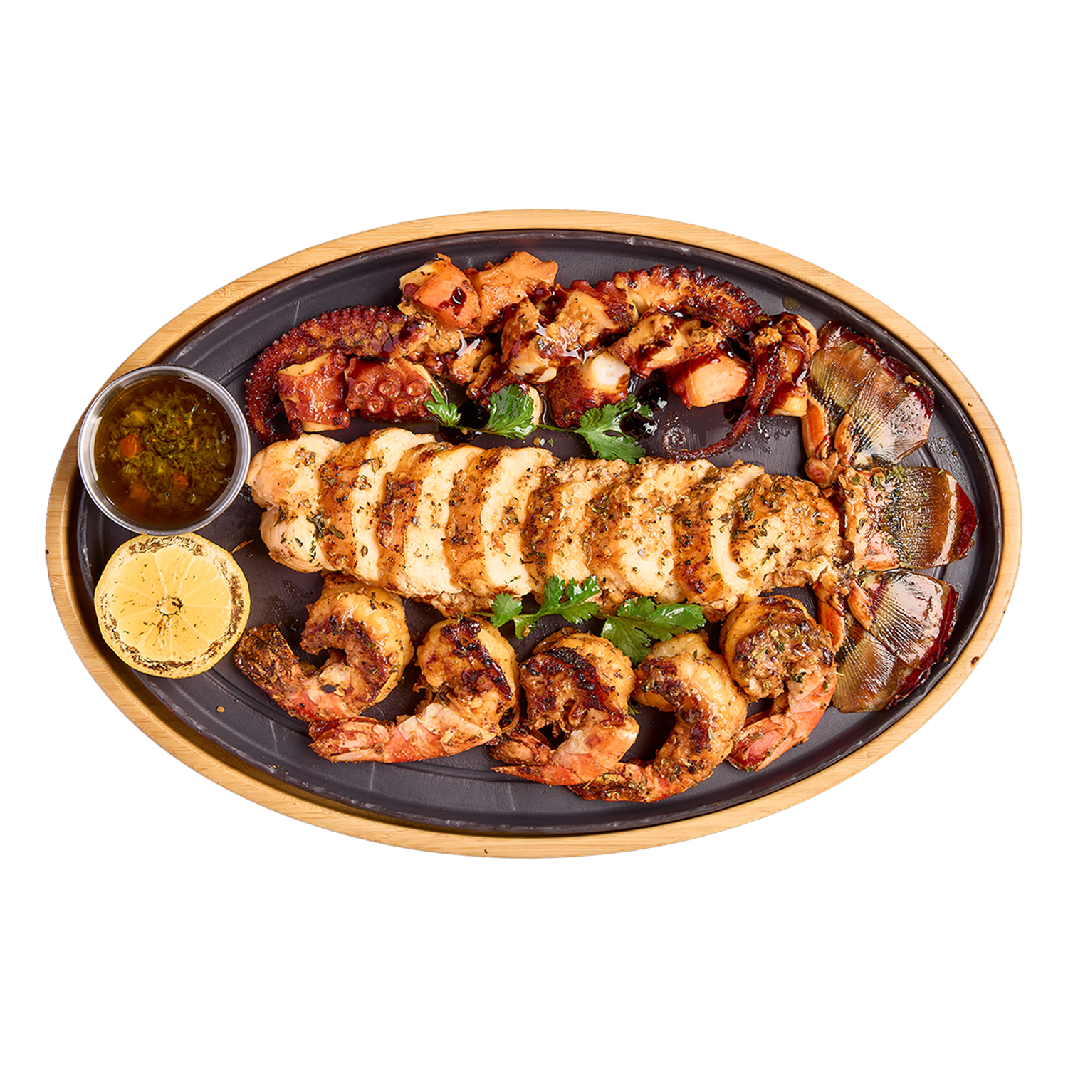 Plated dish with grilled seafood